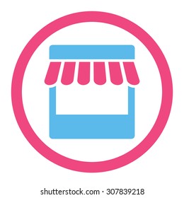 Store vector icon. This rounded flat symbol is drawn with pink and blue colors on a white background.