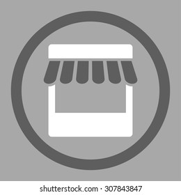 Store vector icon. This rounded flat symbol is drawn with dark gray and white colors on a silver background.