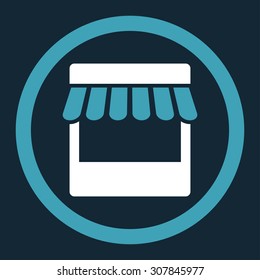 Store vector icon. This rounded flat symbol is drawn with blue and white colors on a dark blue background.