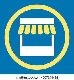 Store vector icon. This rounded flat symbol is drawn with yellow and white colors on a blue background.