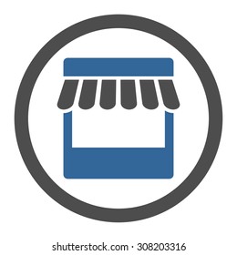 Store vector icon. This rounded flat symbol is drawn with cobalt and gray colors on a white background.