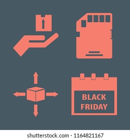 store vector icons set. with black friday calendar, hand parcel, memory card and parcel four directions in set