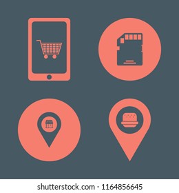 store vector icons set. with memory card, mobile shopping, store location and fastfood location in set