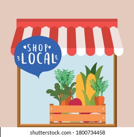 tienda con verduras dentro de caja y tienda local dentro de burbuja diseño de compra al por menor y tema de mercado Vector ilustración