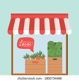Laden mit Gemüse in Schachteln und Unterstützung der lokalen Unternehmen innerhalb der Blase Design Einzelhandel kaufen und Markt Thema Vektorgrafik