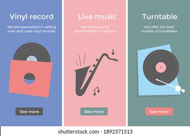 Store of vinyl records. Musical poster, banner or background.Turntable vinyl records . LP, vintage musical equipment. Saxophone. landing page. Music is playing. Abstract vector illustration. Jazz band