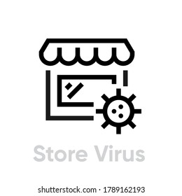 Store virus. Editable Vector Outline. Flat linear icon virus on facade shop, shopping center building, mall or supermarket isolated on white background. The use for ui apps, website and print media.