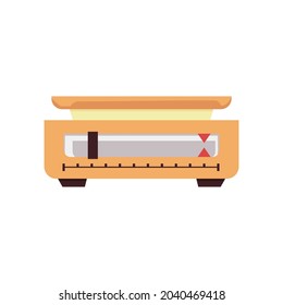 Store weigher or balance digital scales cartoon icon or symbol, flat vector illustration isolated on white background. Balancing, justice and diet measurement sign.