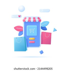 Store window with awning on screen of smartphone and shopping bags. Concept of mobile application for buying goods online, e-commerce. Modern vector illustration in pseudo 3d style for banner, poster.