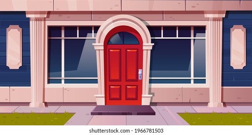 Store window, shop building glass facade, luxury house exterior of grey stone, blue bricks and red wooden arched door with rug at doorstep, fashion vintage boutique style, Cartoon vector illustration