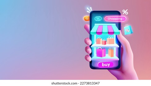 The store window in the smartphone, discount and purchase interest, online market. Vector illustration