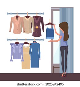 Store And Woman With Clothes, Changing Fitting Room With Curtain And Mirror, Dress And Jackets, Lady And Choice, Vector Illustration, Isolated On White