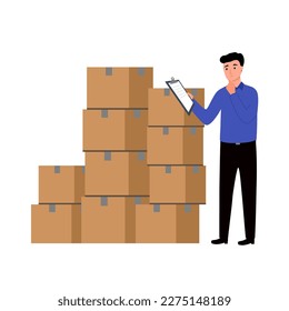 Store worker checking stock inventory in flat design on white background. Inventory management.