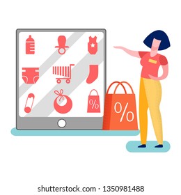 Store Worker Promoting Goods Vector Illustration. Merchandiser Pointing on Products Assortment. Sales Assistant Offers Newborn Basics Goods. Woman Presenting Internet Shop Interface