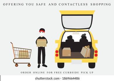 Store worker wear face mask and brings ordered goods, grocery in shopping box to car keeping social distance because of the Covid-19 pandemic. Contactless shopping by order online and curbside pickup.