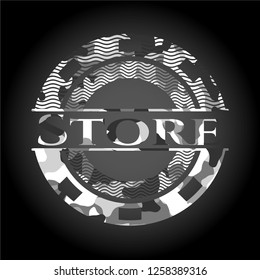 Store written on a grey camouflage texture