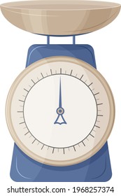 Store-bought food scales used for weighing fruits and other various products. Blue and beige colors. Vector illustration isolated on white background.