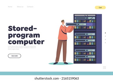 Stored program computer concept of landing page with service administrator working in server room with rack cabinets. Service maintenance, network administration. Cartoon flat vector illustration