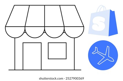 Vitrine com um toldo, uma sacola azul com um S e um ícone azul de avião. Ideal para pequenas empresas, varejo, compras, comércio, viagens. Ilustração de vetor simples