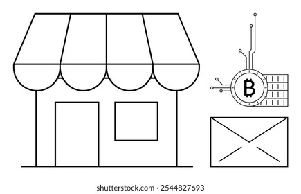 Uma vitrine com um toldo e uma porta em um estilo minimalista, acompanhada por um símbolo Bitcoin conectado ao circuito e um ícone de envelope. Ideal para comércio eletrônico, varejo, moeda digital, tecnologia