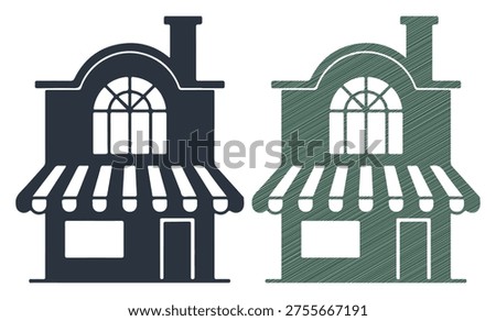 Storefront with awning and large window, vintage commercial architecture, boutique silhouette
