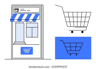 Storefront with awning on a mobile screen and shopping cart icons. Ideal for ecommerce, online shopping, app development, retail business, modern vector design. Clean minimalist style