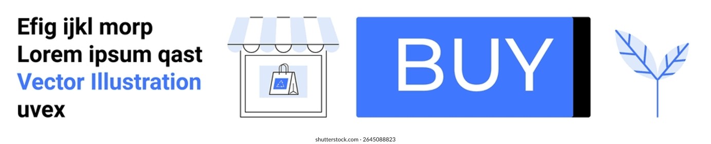 Vitrine com toldo, saco de compras dentro quadrado emoldurado, grande botão BUY em azul, trechos de texto. Ideal para compras on-line, varejo, comércio eletrônico, vendas digitais, interface do usuário, anúncios promocionais, Web