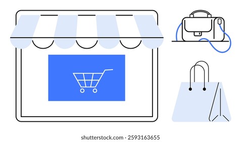 Storefront with awning and shopping cart, briefcase, and shopping bag icons. Ideal for e-commerce, retail, online store, shopping, consumer goods, digital marketplace, business tools. Line metaphor