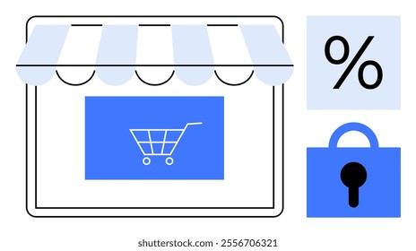 Storefront with awning and shopping cart icon. Includes percentage symbol and padlock. Ideal for online shopping security discounts e-commerce websites and sales promotions. Simple modern style