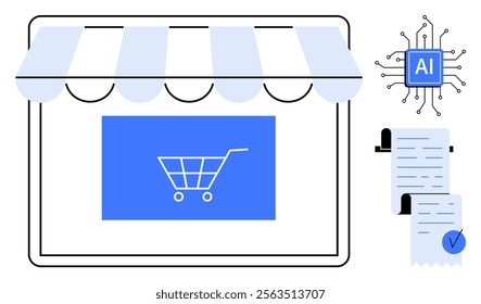 Storefront with awning and a shopping cart icon on screen beside AI chip and digital receipts. Ideal for e-commerce, AI integration, digital invoices, online shopping, technology in retail. Modern