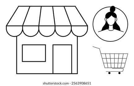 A storefront with an awning, a user profile picture, and a shopping cart. Ideal for online shopping, e-commerce, local business, customer service, and retail industry themes. Black and white vector