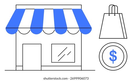 Vitrine com toldo azul listrado, vitral e porta de compras mais saco e moeda de dólar à direita. Ideal para varejo, negócios, pequenas empresas, compras, comércio eletrônico moeda de venda. Linha