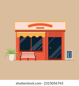 Storefront cafe flat vector. building faces a street with a bench, plant, and menu board. Restaurants and shops facade storefront.Modern shops on the street