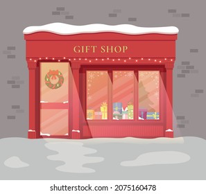 Storefront Christmas window filled with presents and tree. decorations. Christmas shop window. Flat design.