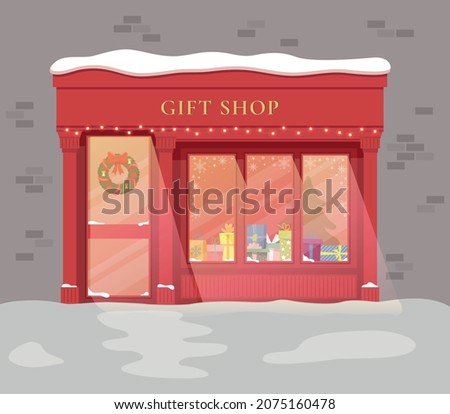 Storefront Christmas window filled with presents and tree. decorations. Christmas shop window. Flat design.