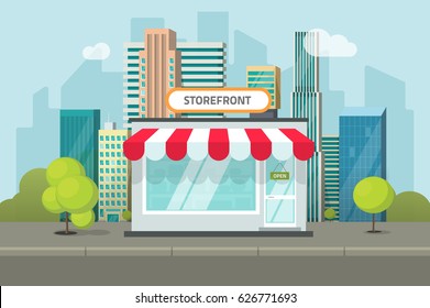 Storefront in city vector illustration, restaurant cafe or store building on town street landscape, flat cartoon style shop facade front view