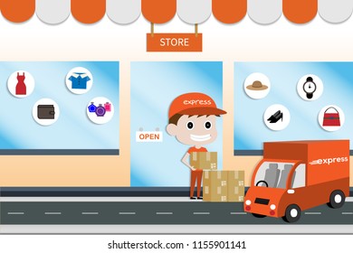 Storefront in city vector illustration, store building on town street landscape, flat cartoon style shop facade front view