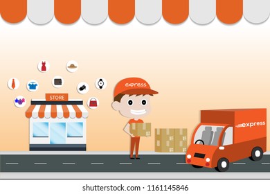 Storefront in city vector illustration, store building on town street landscape, flat cartoon style shop facade front view