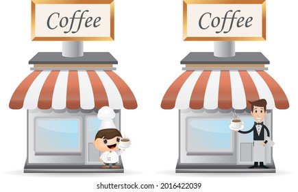 storefront coffee icon and cartoon character