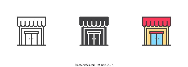 Storefront different style icon set. Line, glyph and filled outline colorful version, outline and filled vector sign. Double doors store symbol, logo illustration. Vector graphics