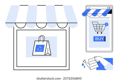 A storefront with an eco-friendly shopping bag, a smartphone displaying a shopping cart and BUY button, and a hand holding a delivery box. Ideal for online shopping, e-commerce, sustainability