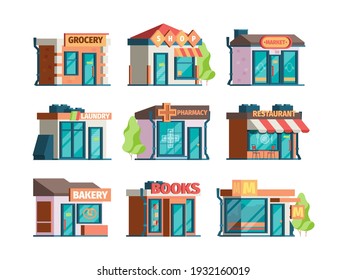 Storefront Facade. Urban Local Market Facade Exterior Modern Restaurant And Caffe Garish Vector City Buildings