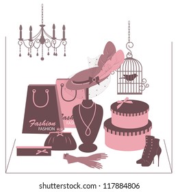 Storefront fashion shop with women accessory. Hand drawing illustration.