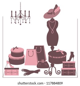 Storefront fashion shop with women accessory. Hand drawing illustration.