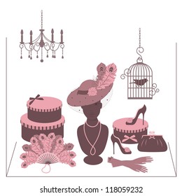 Storefront fashion shop with women accessory. Hand drawing illustration.