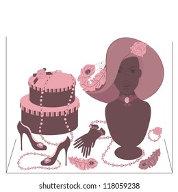 Storefront fashion shop with women accessory. Hand drawing illustration.
