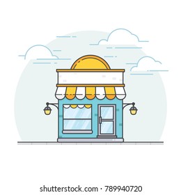 Storefront in flat style. Flat design of store building. Vector illustration of front facade building store. Online store vector illustration