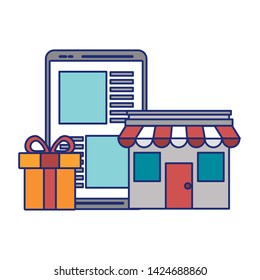 Storefront with gift and tablet ecommerce vector illustration graphic design