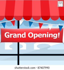 Storefront  with grand opening sign and triangle banners