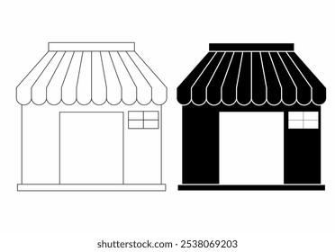 Ícone de frente de loja com Awning - Silhueta e contorno preto e branco. Ilustração minimalista do vetor da frente de loja isolada no fundo branco